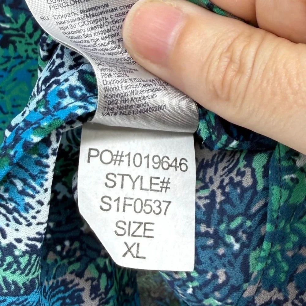 NYDJ Blouse Women XL Blue Green Abstract Botanical 3/4 Sleeve V-Neck S1F0537